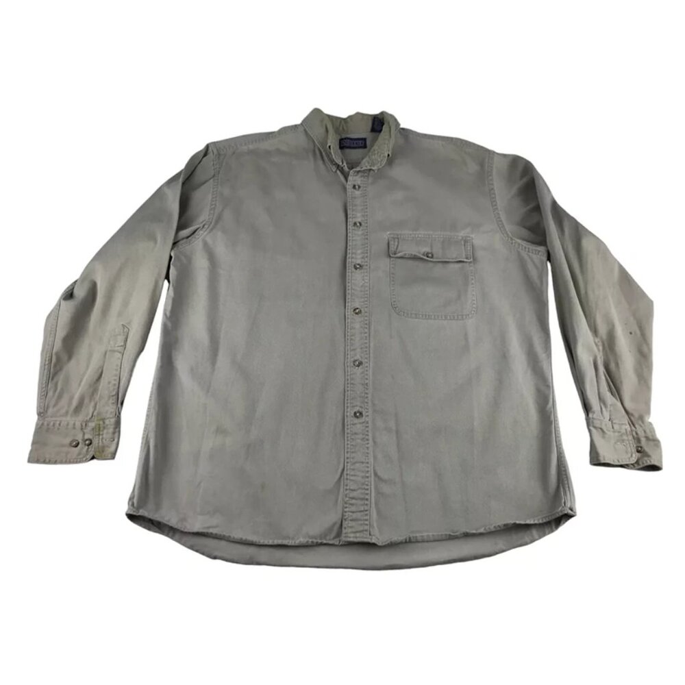 Lands' End Mens Khaki Long Sleeve Pockets Button Up Shirt Size L (16-16.5)‎